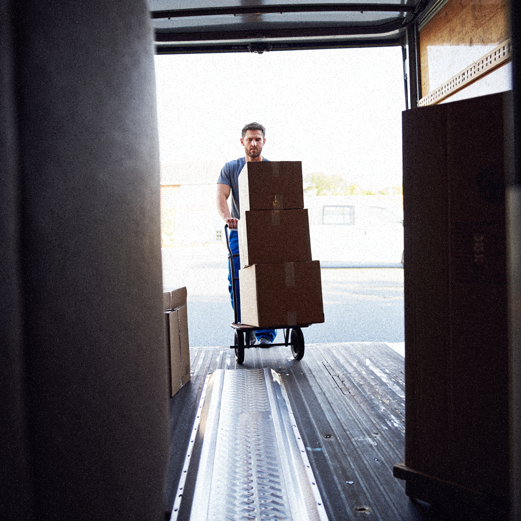 Man pushing a trolley loaded with boxes into the moving truck