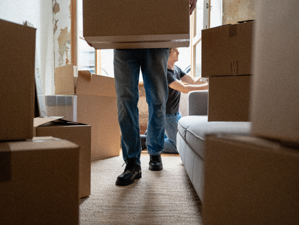 Man carrying a box from the living room during a move.